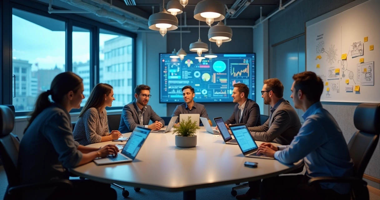Equipe de especialistas em IA reunida em ambiente corporativo 