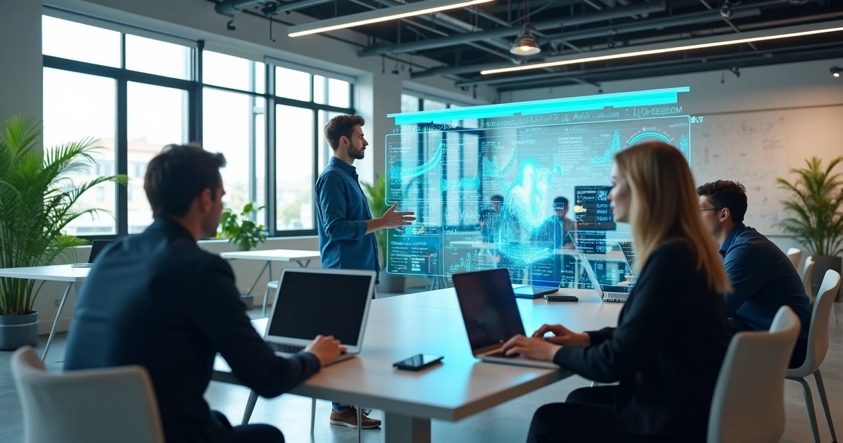 Profissionais de TI colaborando com dashboards digitais e um avatar de IA 