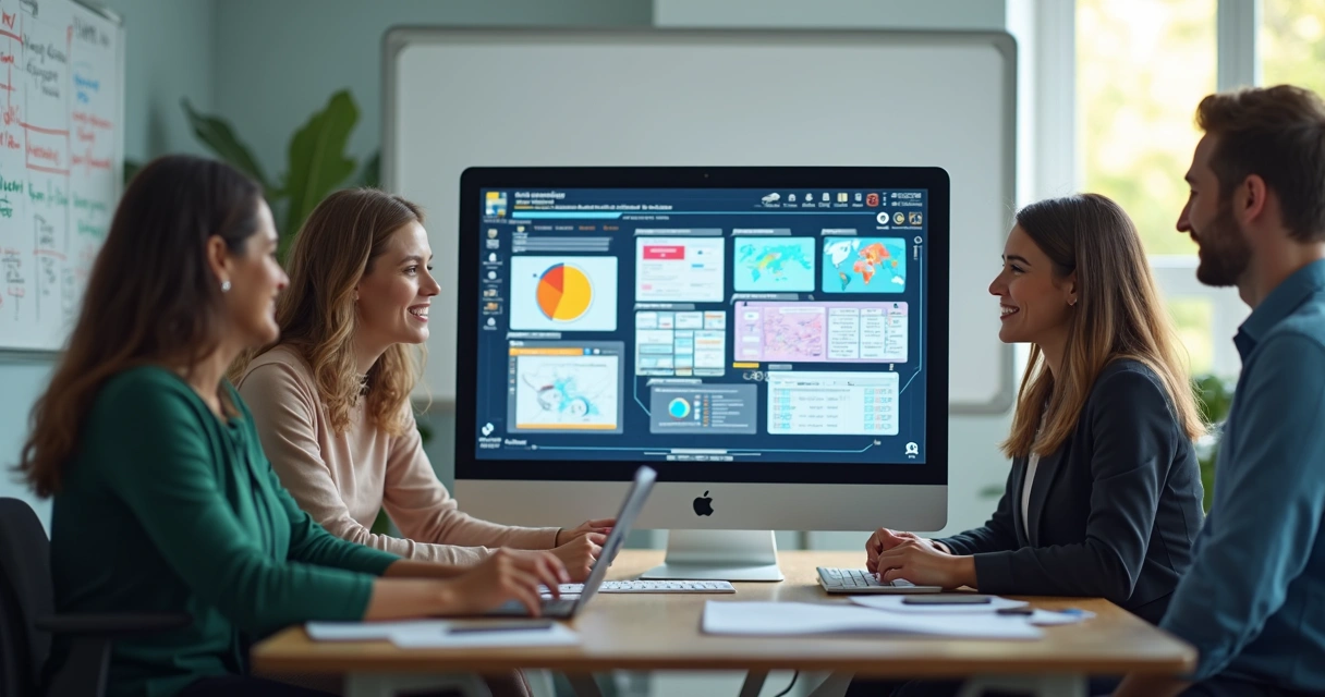 Equipe multidisciplinar reunida ao redor de computador com tela de IA 