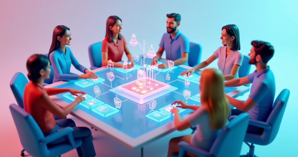 Equipe diversa colaborando em projeto de IA com painéis digitais