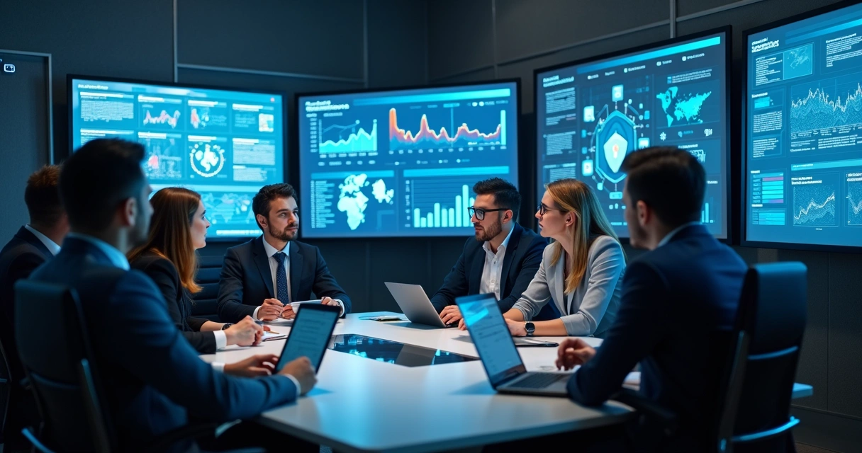 Equipe multidisciplinar ao redor de uma mesa com gráficos de dados e notebooks 