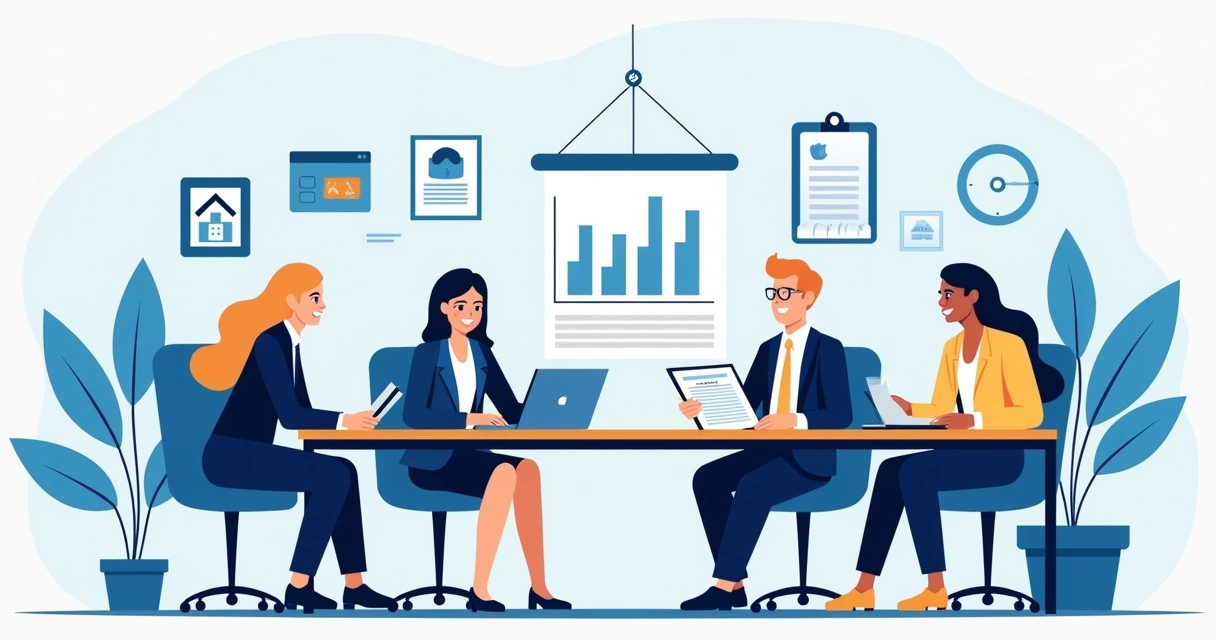 Team of real estate professionals in a meeting, including agent, lawyer, and financial consultant 