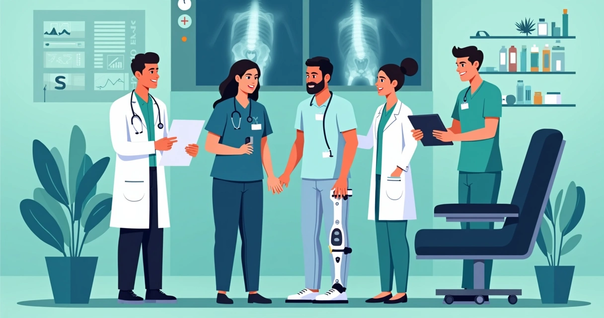 Uso de rifampicina e opções na infecção de próteses ortopédicas 3 Equipe multidisciplinar analisando prontuário ao redor de paciente com prótese