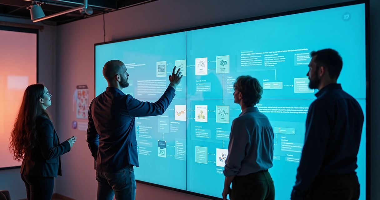 Equipe variada colaborando em projeto digital com IA na tela