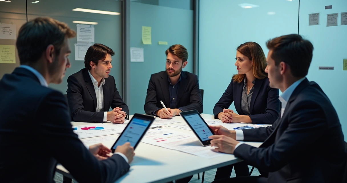 Equipe jurídica e de tecnologia reunidos em mesa de reunião 