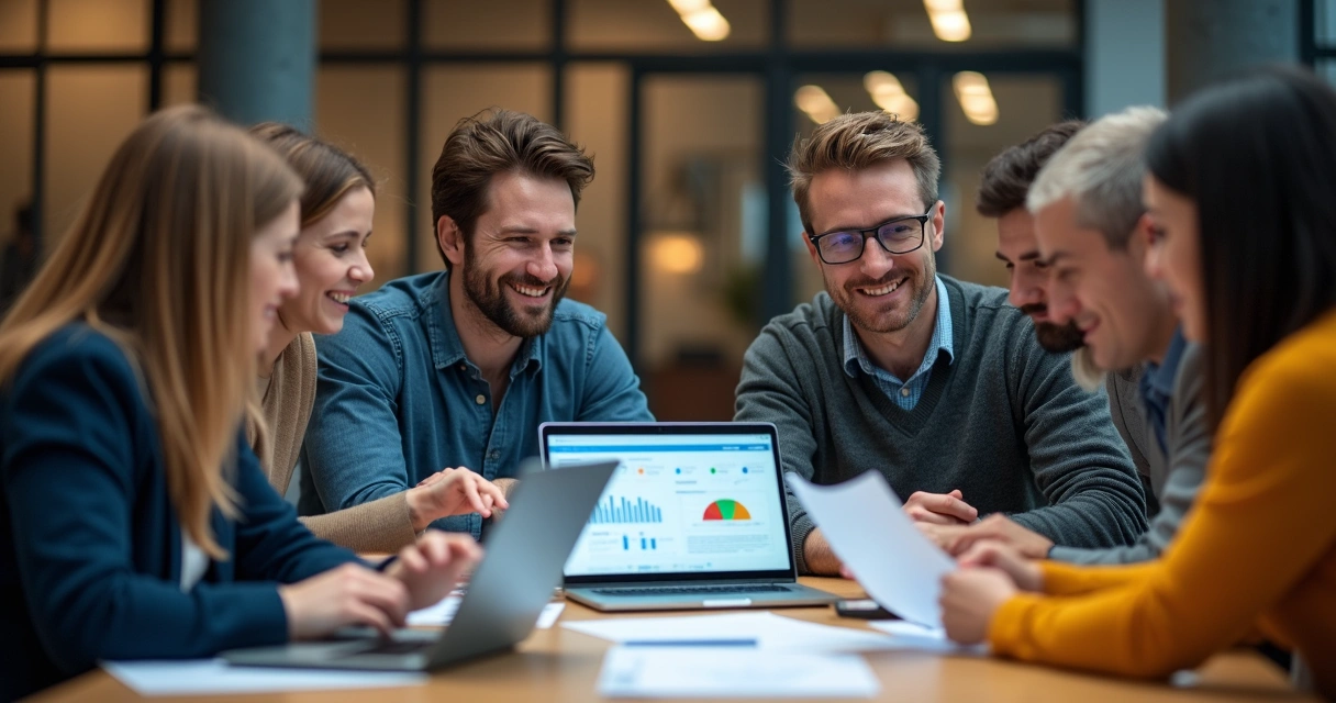 Equipe multidisciplinar reunida analisando dados de conversão 