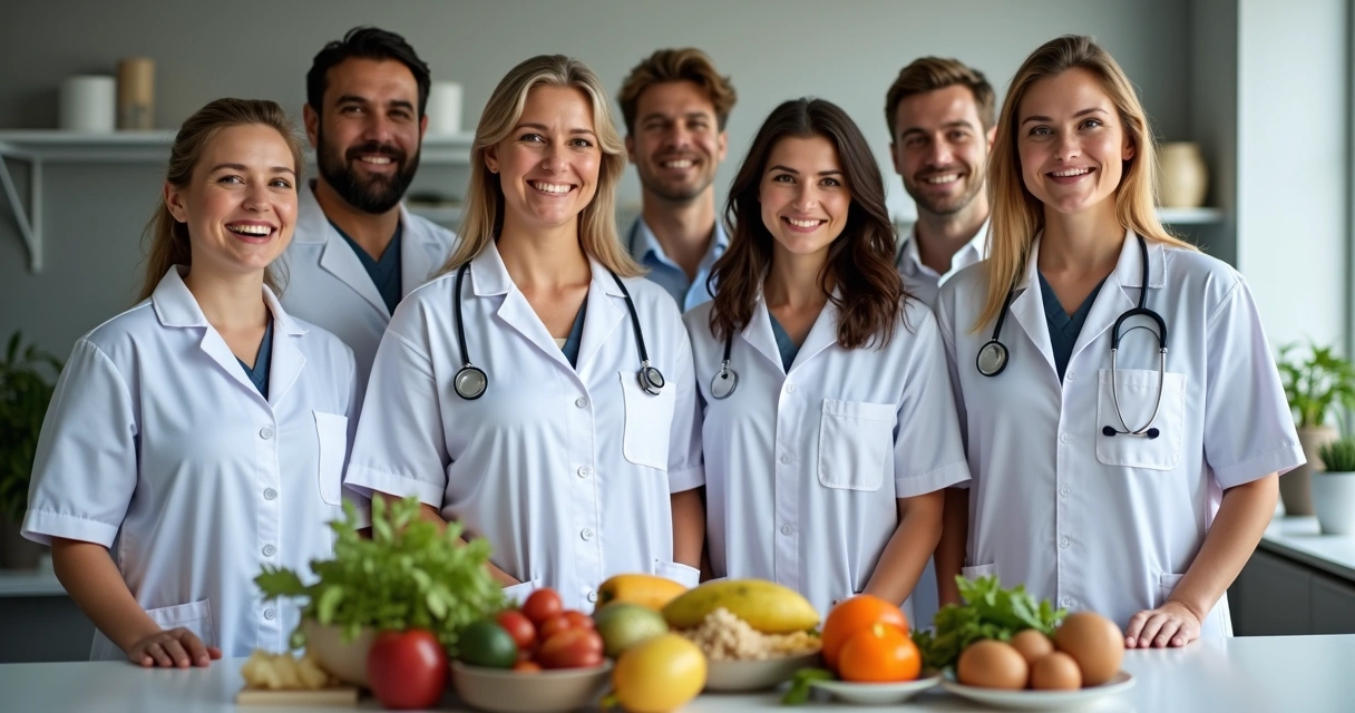 Equipe multidisciplinar de nutrição e nutrologia em clínica moderna sorrindo para a câmera 