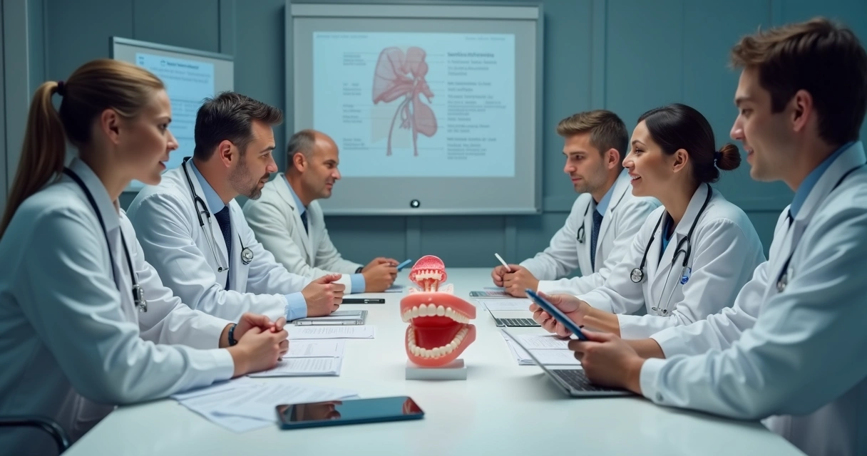Equipe multidisciplinar reunida para discussão de caso de paciente obeso com apneia do sono 