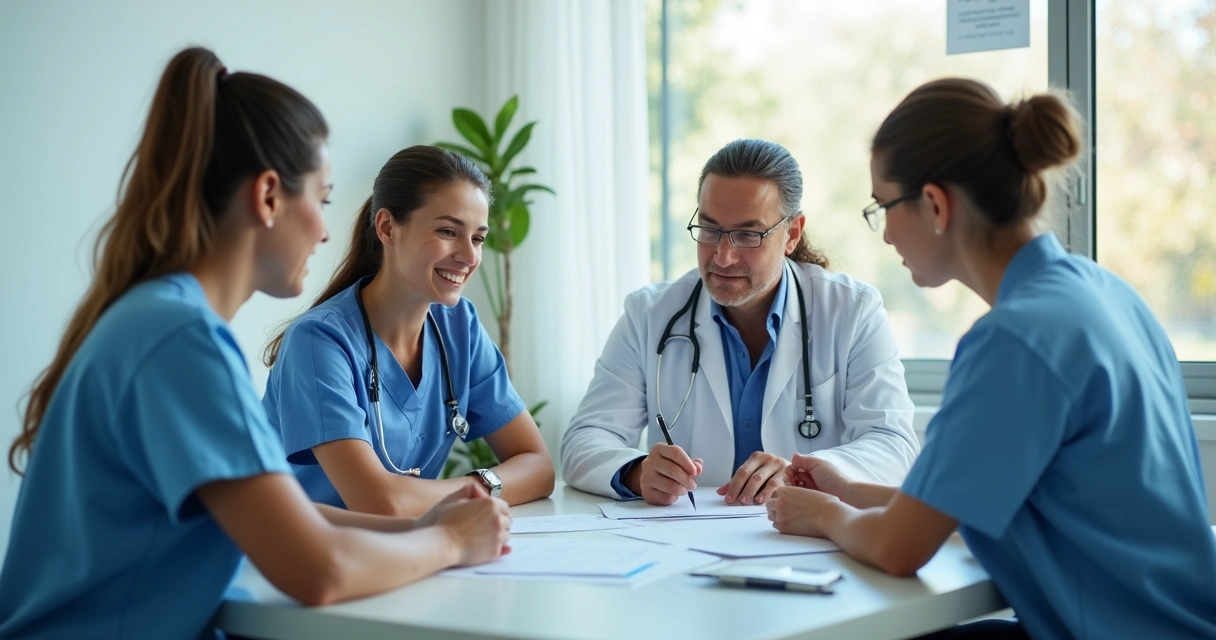 Equipe multidisciplinar de oncologia reunida em consultório discutindo caso clínico 