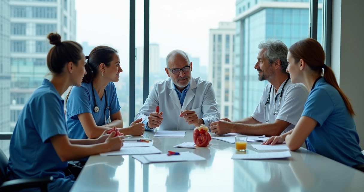 Equipe multidisciplinar da oncologia reunida ao redor de uma mesa 