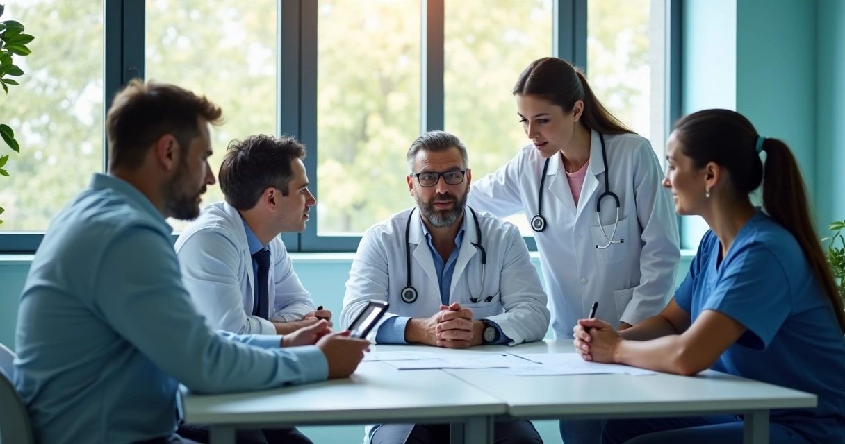 Equipe multidisciplinar reunida discutindo tratamento oncológico 