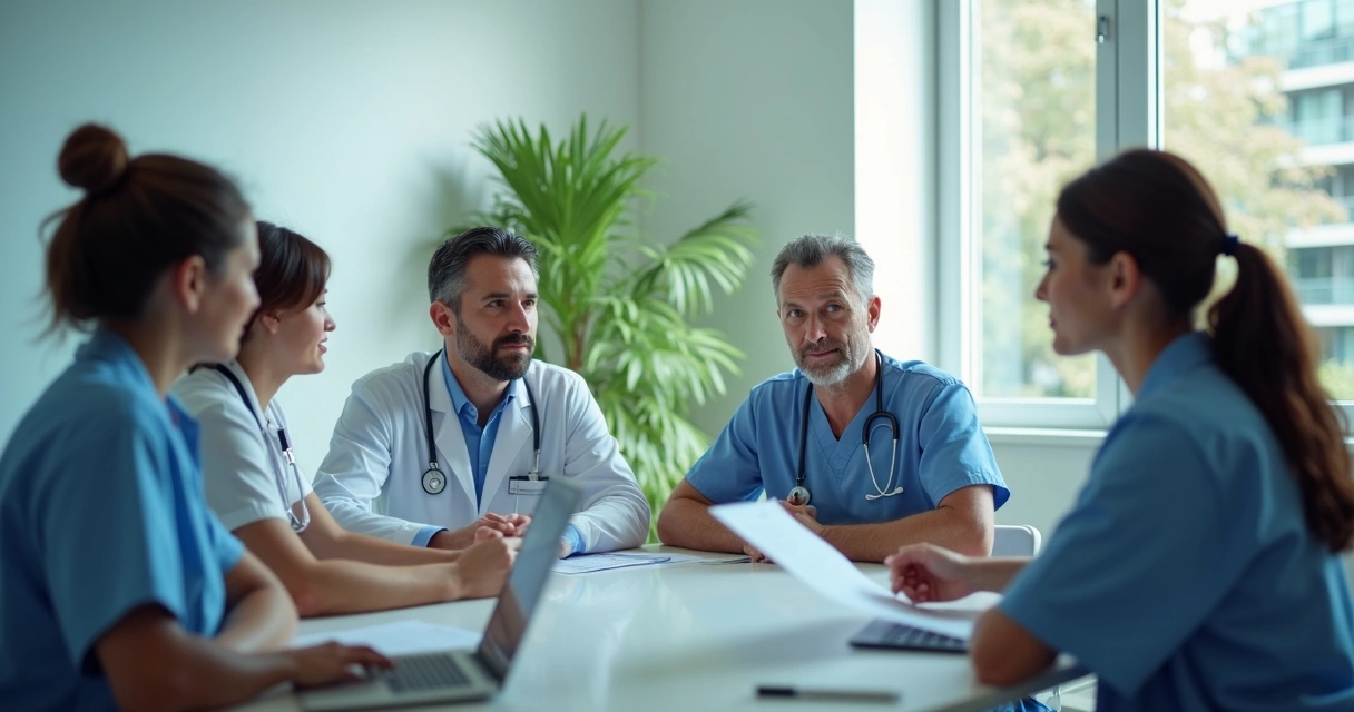 Equipe multidisciplinar reunida em hospital de oncologia 