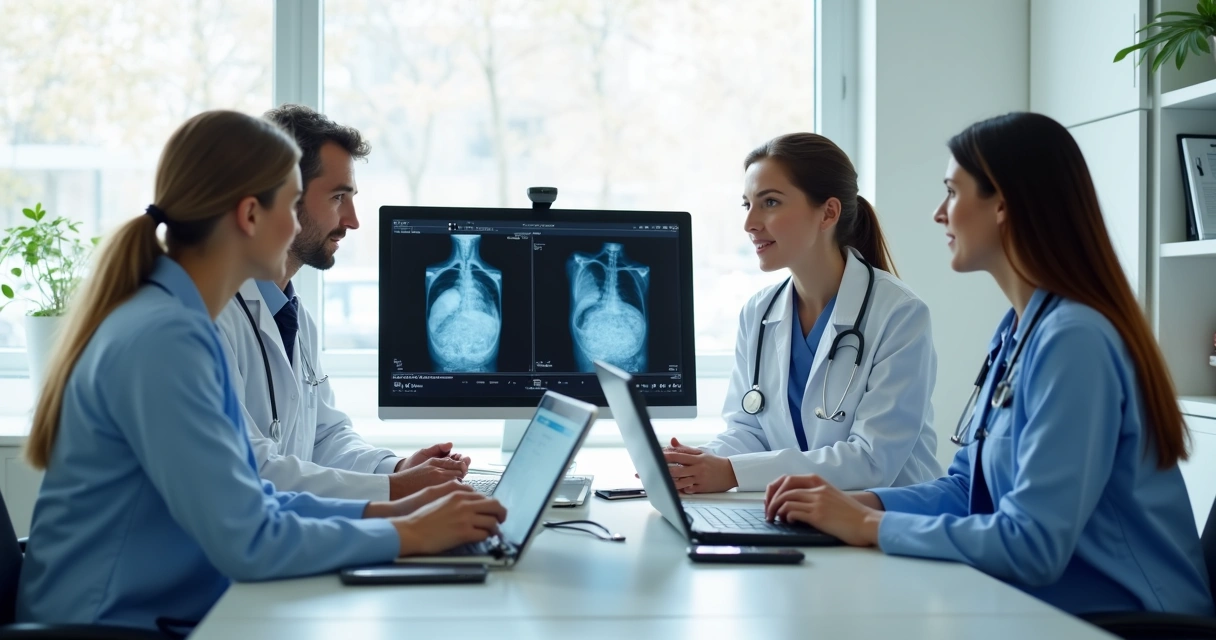 Equipe médica discutindo plano de tratamento de câncer de mama em consultório 