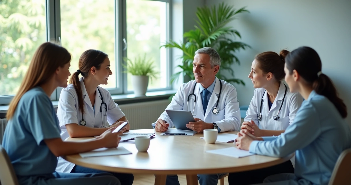 Equipe multidisciplinar da oncologia reunida em discussão clínica 