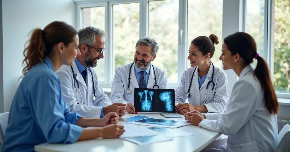 Equipe multidisciplinar da saúde em reunião, discutindo caso clínico 