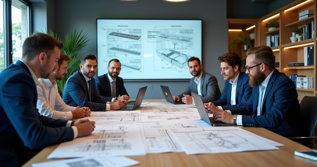 Equipe de engenheiros e peritos reunidos discutindo documentos em sala de reunião 