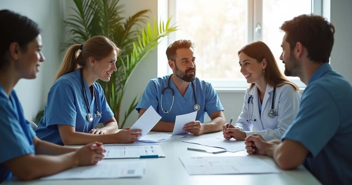 Equipe multidisciplinar em reunião na reabilitação oncológica 
