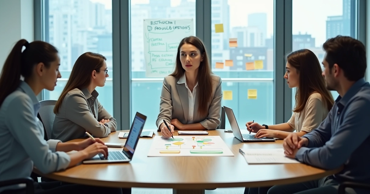 Equipe multidisciplinar em reunião discutindo dilema ético ao redor de uma mesa redonda 