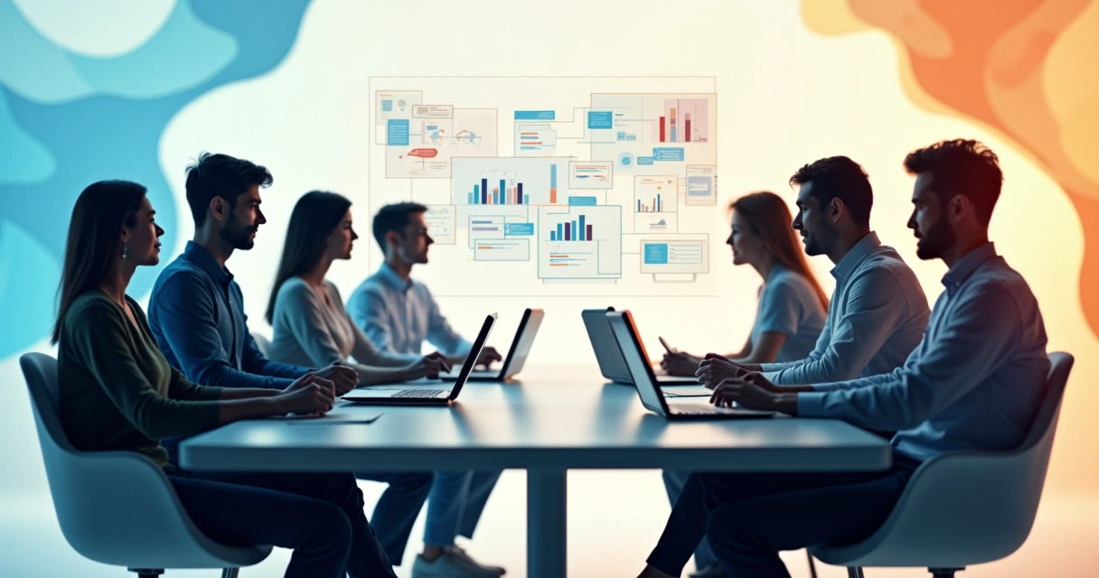 Equipe de RH composta por profissionais diversos e elementos digitais 