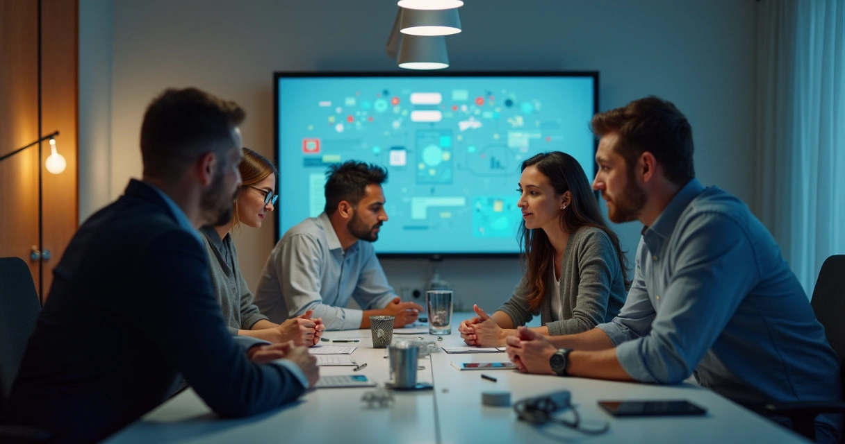 Equipe multidisciplinar discutindo estratégias em ambiente corporativo 