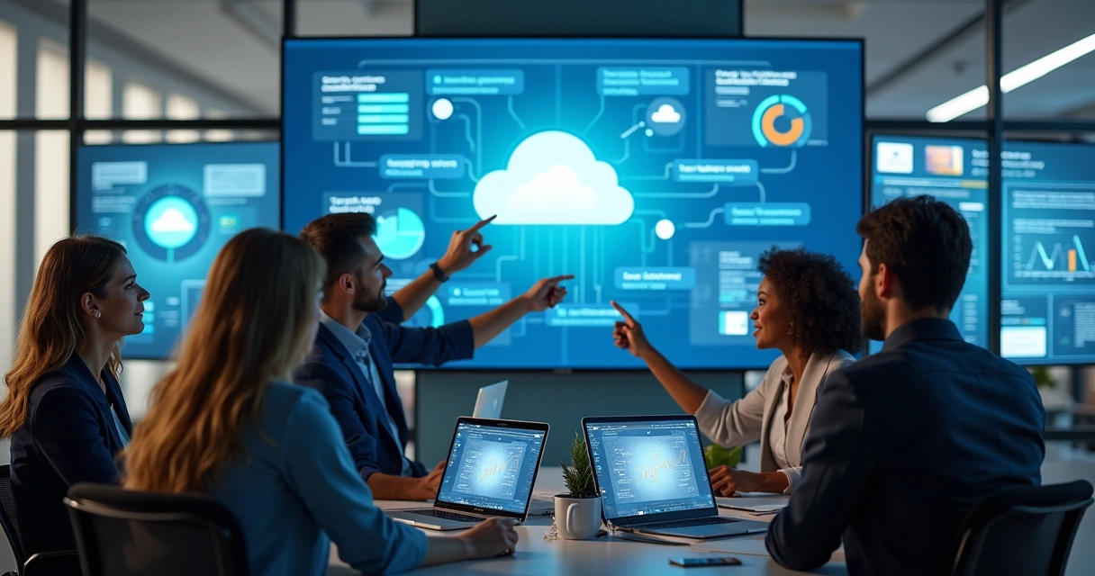 Equipe colaborativa desenvolvendo soluções SaaS em ambiente moderno 
