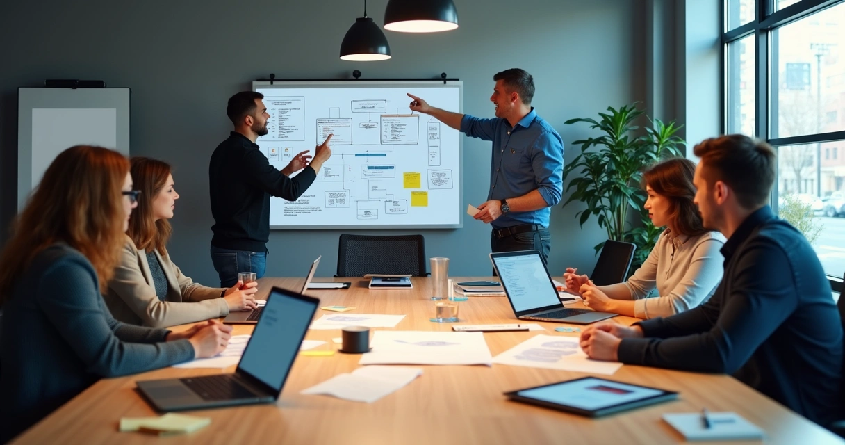 Equipe de tecnologia multidisciplinar reunida ao redor de uma mesa discutindo um projeto digital