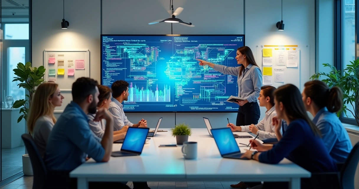 Equipe multidisciplinar trabalhando em desenvolvimento de software com computadores e gráficos digitais 