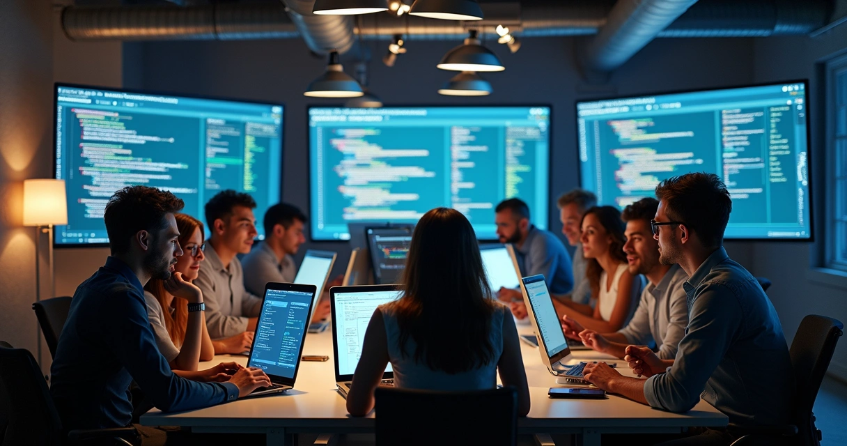 Equipe diversificada de tecnologia reunida em sala moderna com computadores e tablets 