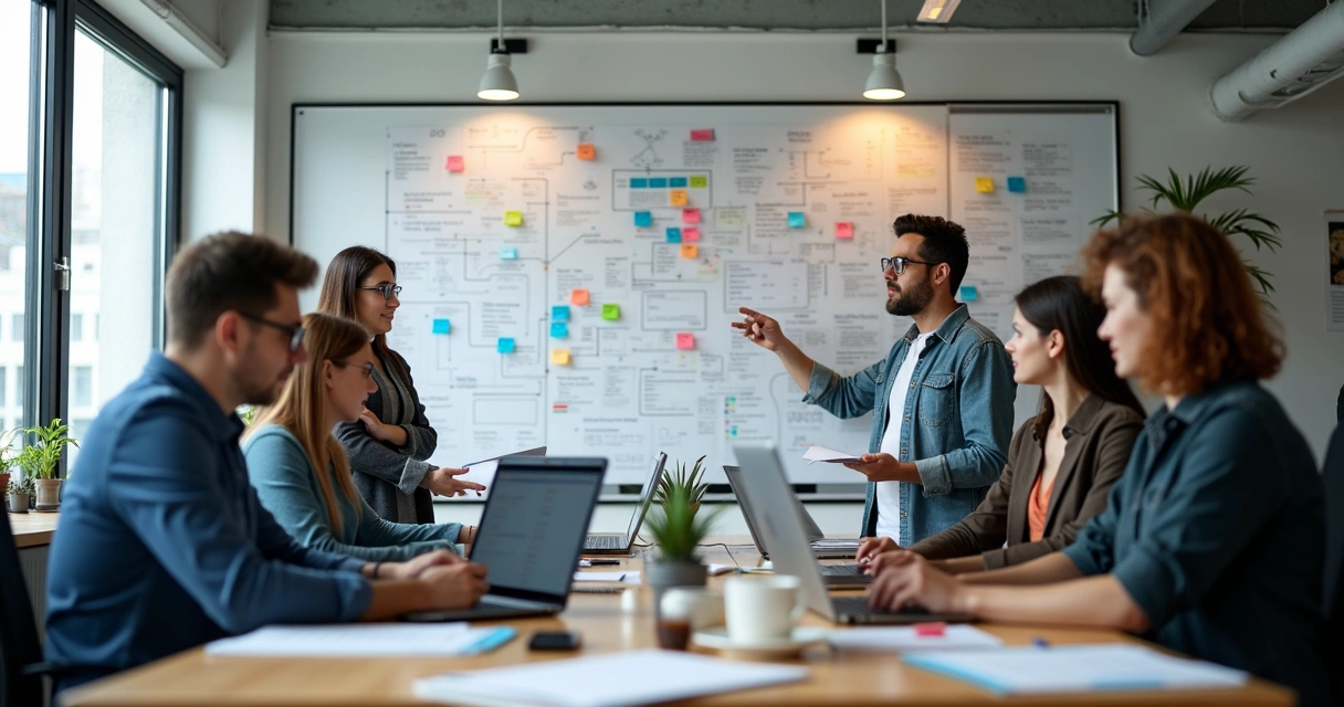 Profissionais reunidos discutindo estratégia de testes em quadro branco 