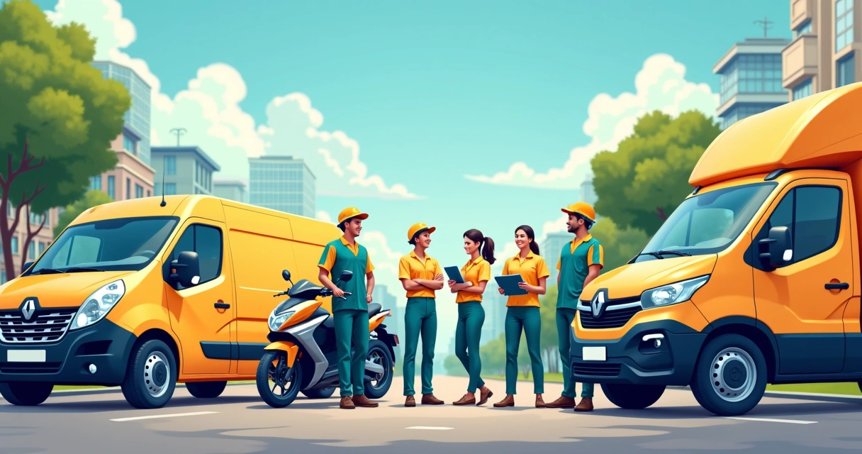 Equipe de profissionais diversos ao lado de veículos de trabalho 