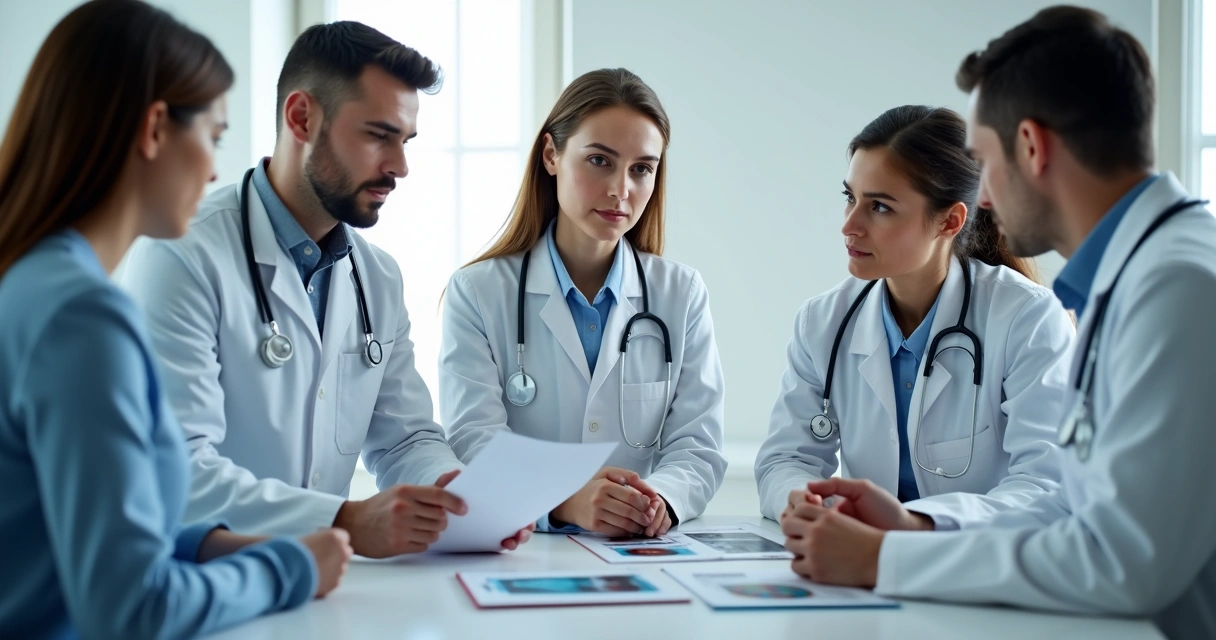 Equipe médica multidisciplinar discutindo tratamento 