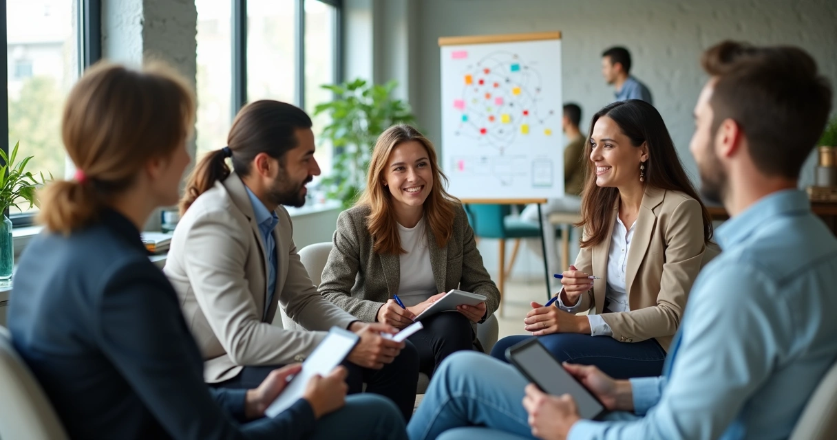 Equipe multidisciplinar reunida em círculos pequenos em um escritório moderno colaborativo 