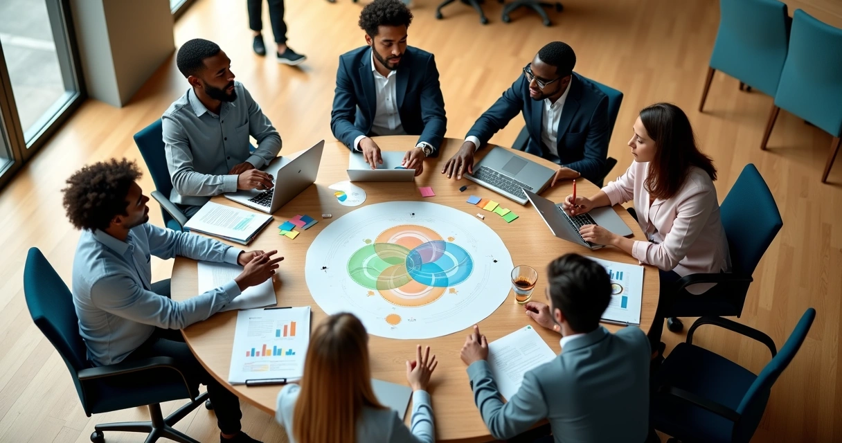 Equipe multietnica em reunião em torno de mesa redonda vista de cima 
