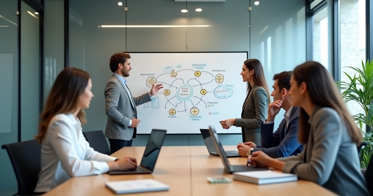 Equipe multifuncional em reunião mediando conflitos ao redor de uma mesa de trabalho 