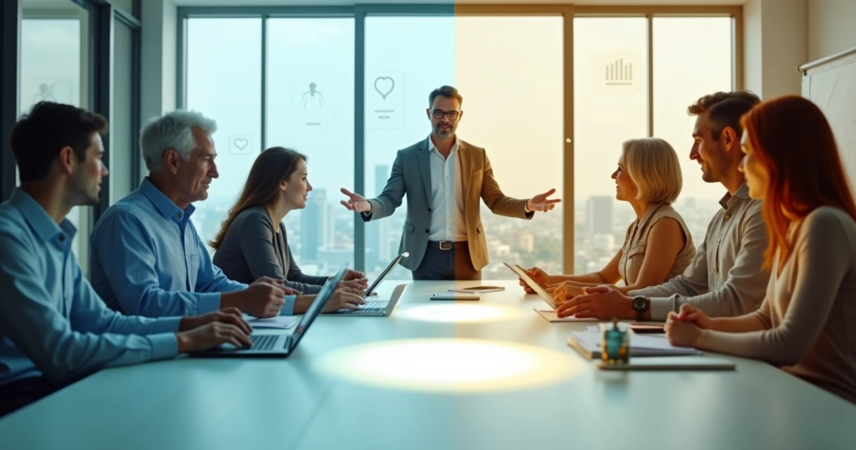 Equipe multigeracional em escritório dividindo espaço colorido em harmonia 