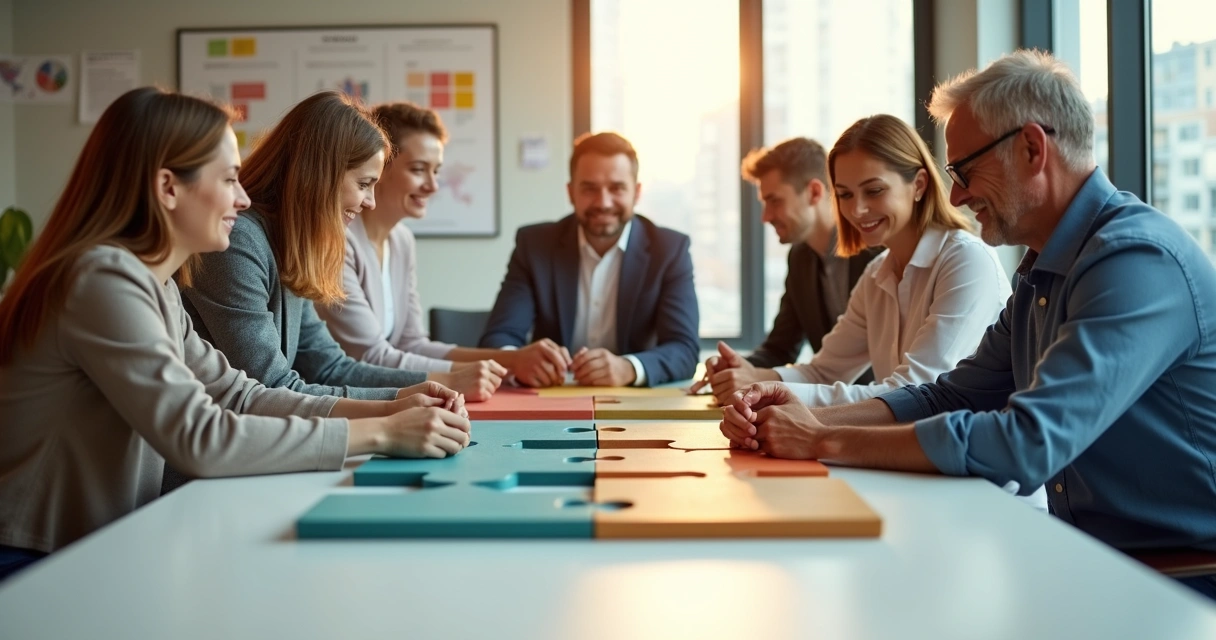 Equipe multigeracional encaixando peças de quebra-cabeça coloridas em ambiente de trabalho moderno 