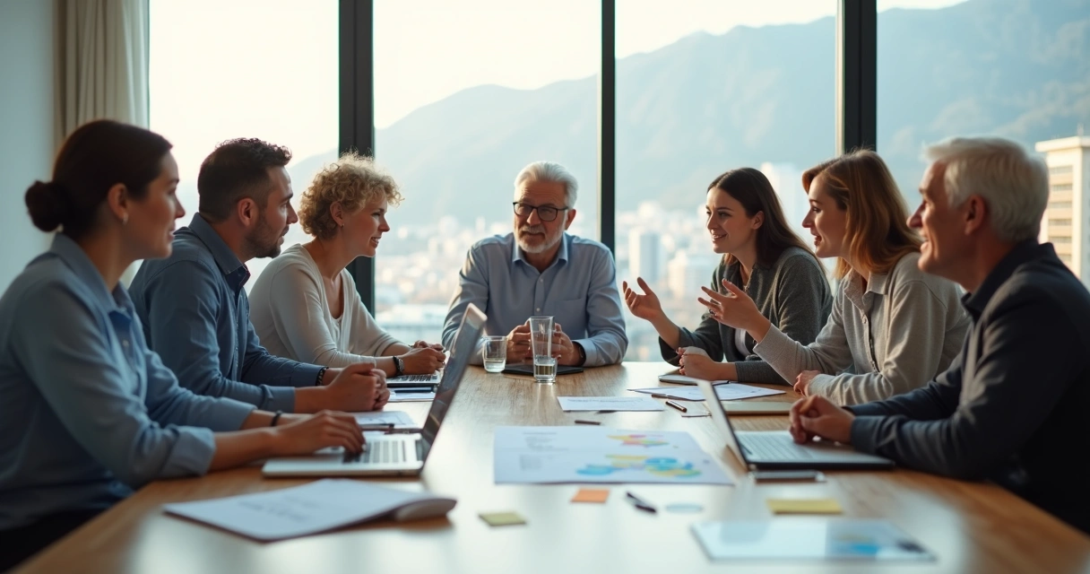 Equipe multigeracional em reunião colaborativa em uma sala moderna 