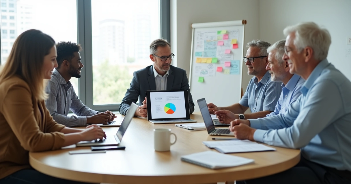Equipe multigeracional em reunião colaborativa em escritório moderno 