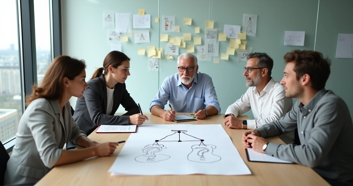 Time multigeracional em reunião discutindo dilemas éticos 