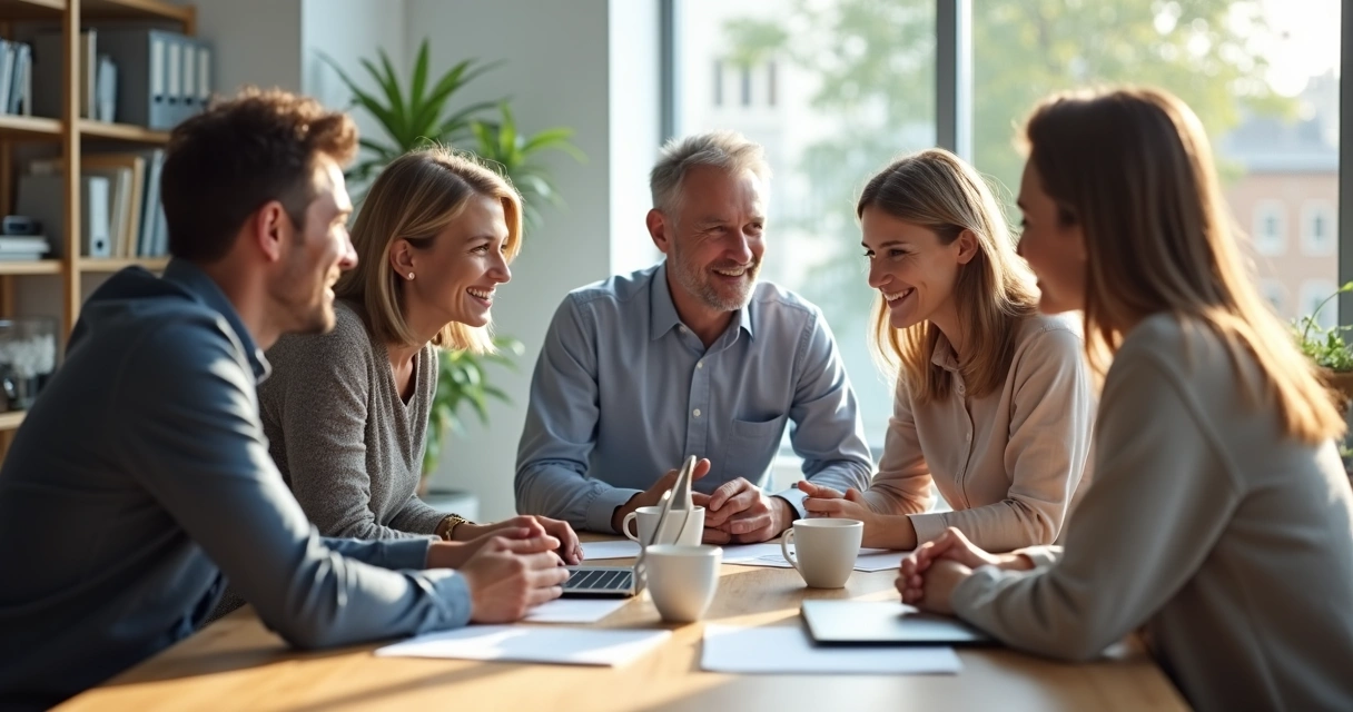 Pessoas de diferentes idades reunidas em torno de uma mesa de trabalho 