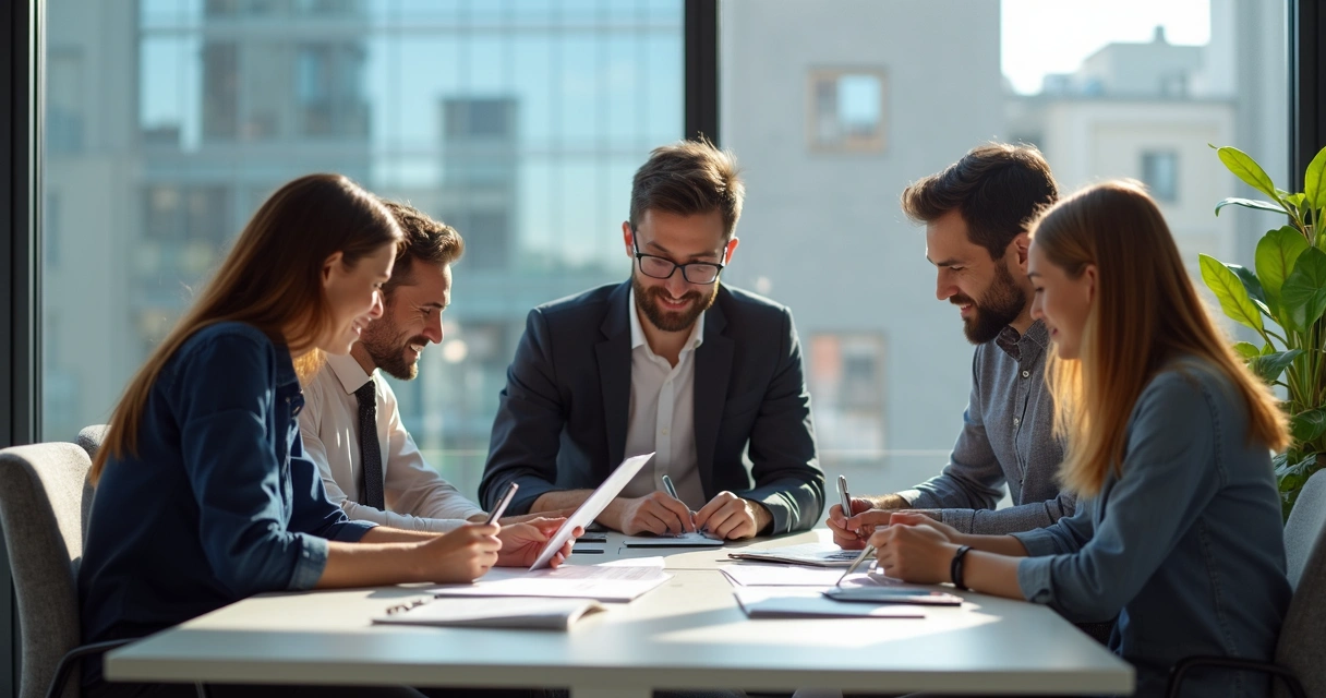 Equipe de várias gerações reunida ao redor de uma mesa de trabalho