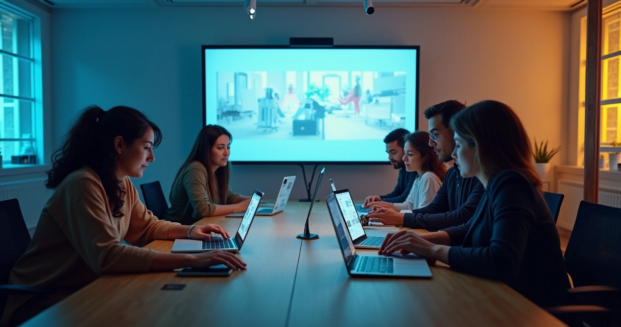 Equipe trabalhando em dispositivos diversos em ambiente favorecendo colaboração digital 