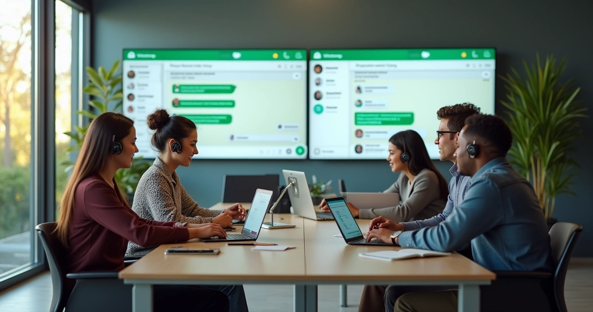 Equipe de atendimento interagindo por computadores e smartphones