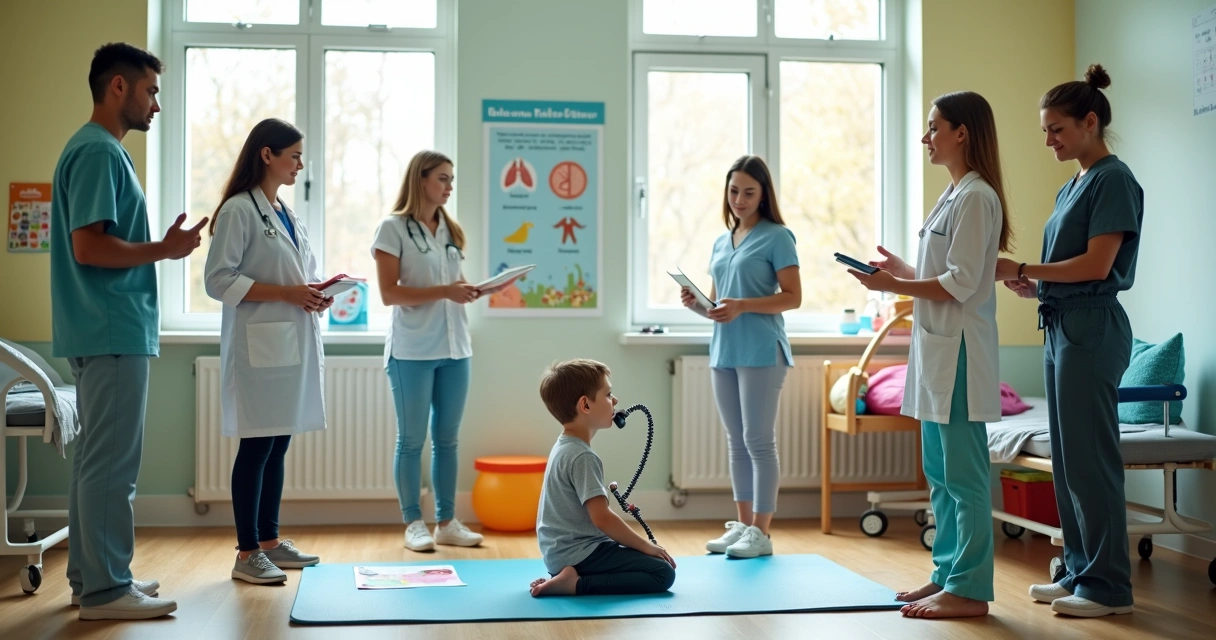 Equipe multiprofissional acompanha criança com asma em espaço de reabilitação infantil 