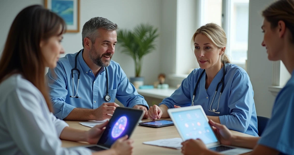 Equipe multiprofissional em reunião usando recursos digitais de IA para saúde 