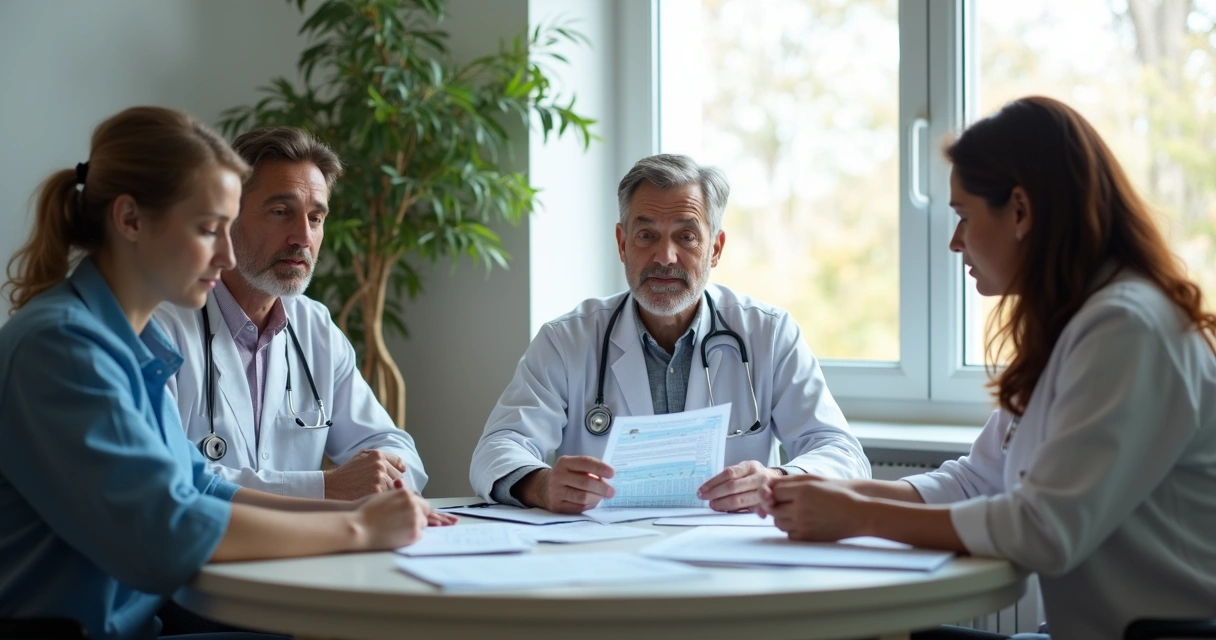 Equipe multiprofissional de saúde discutindo caso clínico 