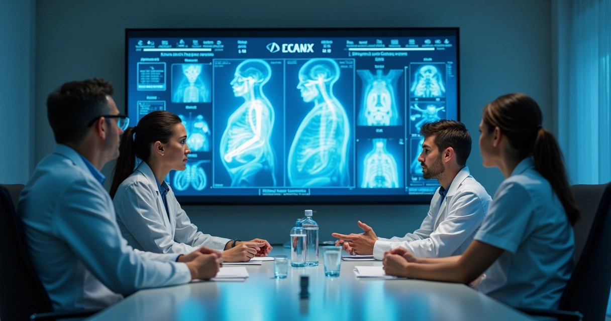 Equipe de nutricionistas e médicos em reunião, analisando dados clínicos em telas, ambiente seguro 