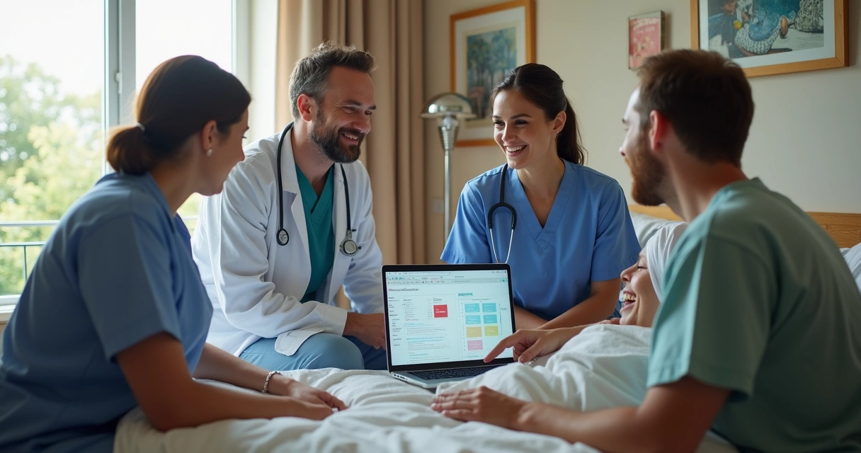 Equipe multiprofissional de saúde reúne-se ao redor de paciente em domicílio