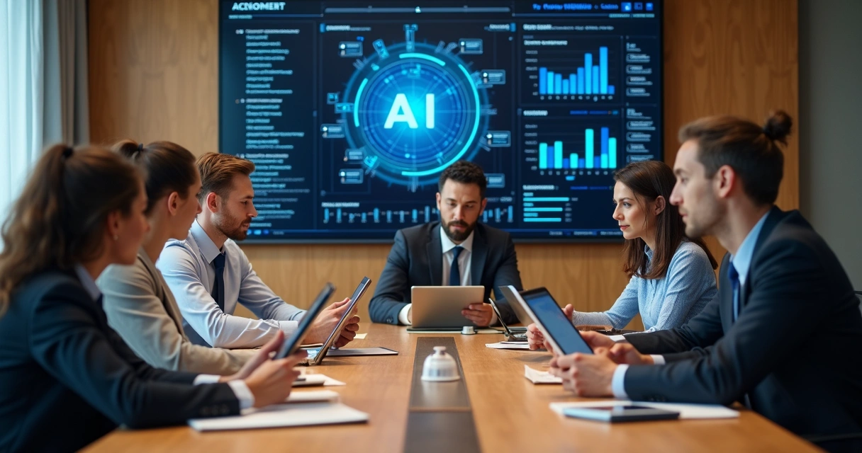 Equipe de diferentes áreas de uma empresa analisando dados sobre IA em uma reunião 