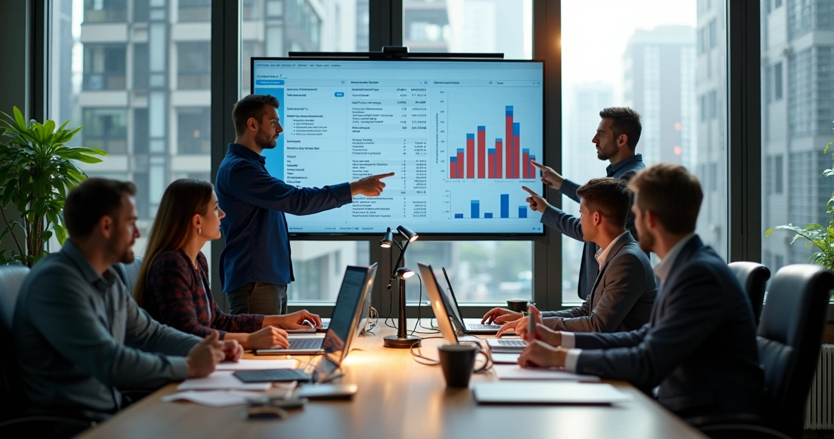 Equipe de diferentes setores analisando dados de notas fiscais digitais 